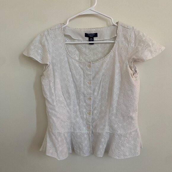 chaps eyelet lace white cute button-down peplum blouse - size medium petite (PM) - Picture 1 of 5